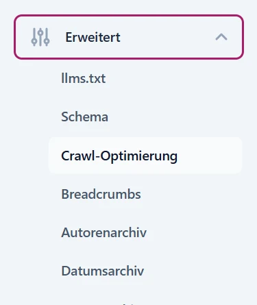Yoast SEO Einstellungen: Menü „Erweitert“ mit den Unterpunkten llms.txt, Schema, Crawl-Optimierung, Breadcrumbs, Autorenarchiv und Datumsarchiv; Crawl-Optimierung ist ausgewählt.