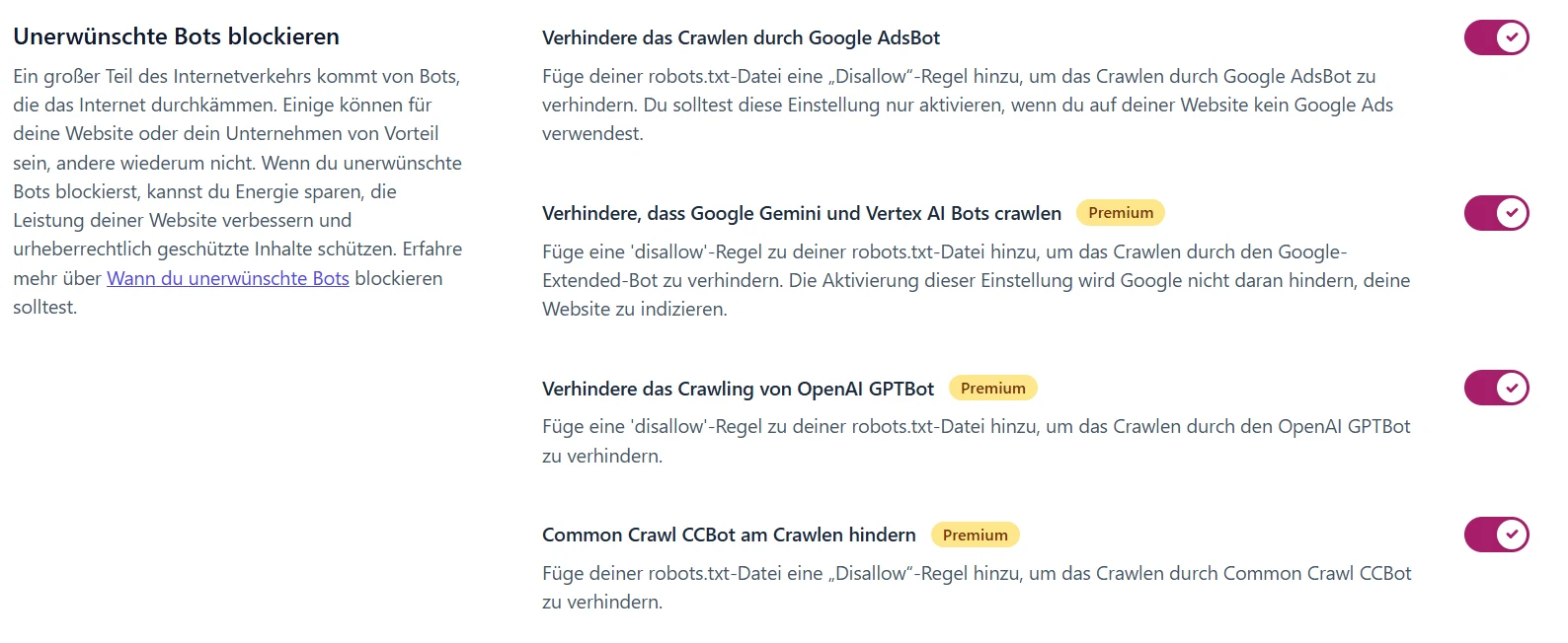 Yoast SEO, Abschnitt „Unerwünschte Bots blockieren“ mit vier aktivierten Schaltern: Google AdsBot, Google Gemini und Vertex AI, OpenAI GPTBot und Common Crawl CCBot; die drei KI-Schalter tragen das Label Premium.